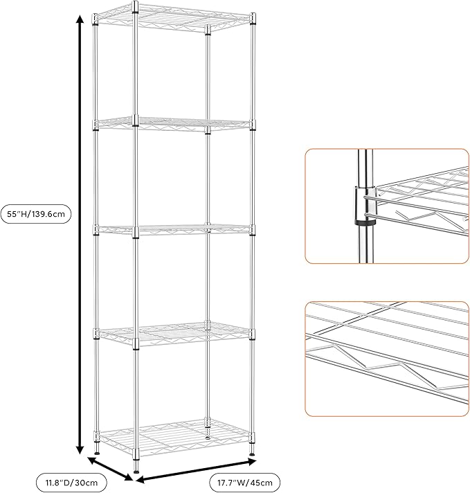 5 Tiers Shelf Metal Storage Shelves Wire Rack Closet Organizers with Wheel for Garage Kitchen Bathroom Laundry Chrome 11.8" D x 17.7" W x 55" H-CasaMuseHome