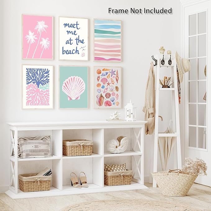 6 Pcs Coastal Beachy Wall Art Tropical Summer Shell Ocean Paintings Prints Posters Trendy Pink Preppy Palm Tree Canvas Wall Decor Aesthetic for Bedroom Living Room Dorm Apartment 8x10inch Unframed-CasaMuseHome