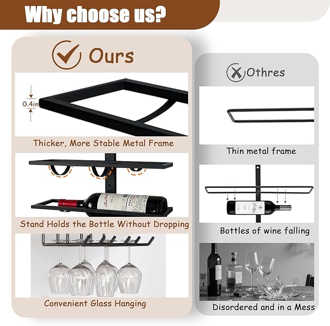 16 Bottle Wall Mount Wine Rack with Wine Glass Holder, Metal Wine Wall Rack, Wall Racks for Wine Bottles Display and Storage, Hanging Bottle Organizer for Living Dining Room Wine Cellar Bar (Black)-CasaMuseHome