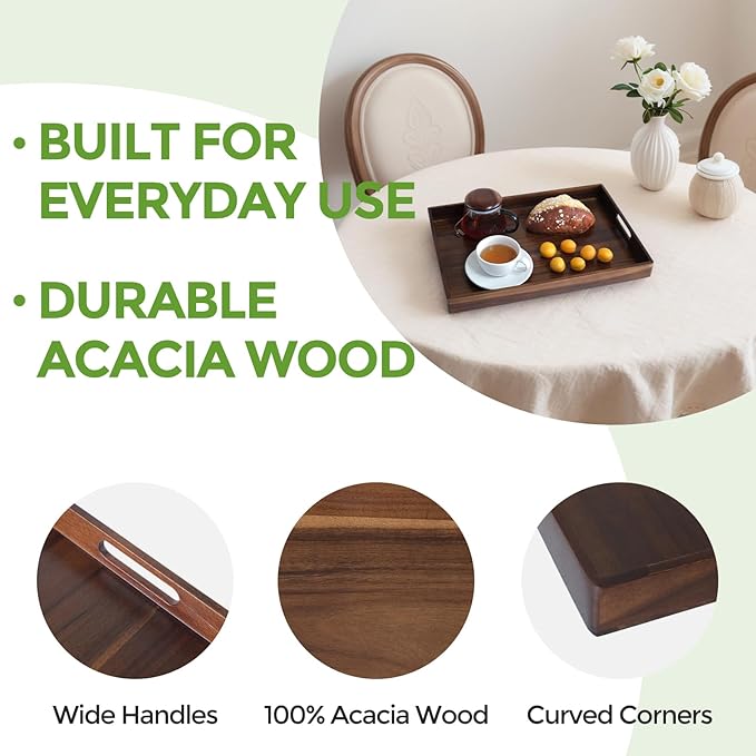 Acacia Wood Serving Tray with Handles, 17 Inch Wooden Tray for Ottoman, Breakfast, Lunch, Dinner, Decorative Rectangular Tray for Living Room, Kitchen Counter, Outdoor-CasaMuseHome