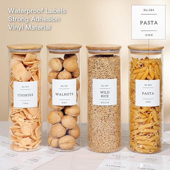 4 Pack Glass Jar with Airtight Wood Lid and White 132 Kichen Pantry Labels Preprinted - 38 Oz Clear Round Glass Food Storage Containers set For Cereal Rice Sugar-CasaMuseHome