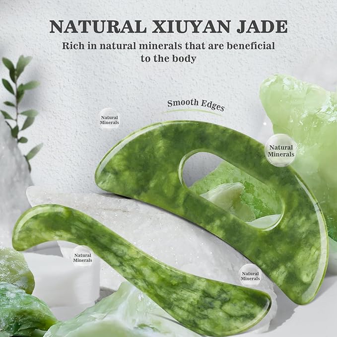 2 PCS Jade Stone Gua Sha Massage Tool, Large Guasha Muscle Scraper Tools Set with Handle Muscle Scraping Massage Tools S Shaped Anti Cellulite Spa Acupuncture Tools for Lymphatic Drainage-CasaMuseHome