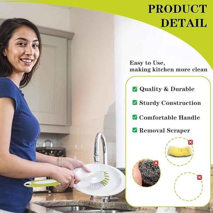 8 Pcs Dish Brush with Handle Kitchen Scrub Brush Pot and Pan Cleaning Brush Dish Scrubber with Stiff PET Bristles for Cookware Sink Washing Household, Green, 11 x 3.1 x 0.98 Inch-CasaMuseHome