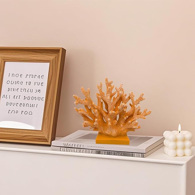 5.8" H Orange Coral Decor - Resin Coral Statue, Nautical Decor for Home, Bedroom, Bathroom, Living Room, Ocean Themed Cabinet Shelf Tabletop Decoration-CasaMuseHome