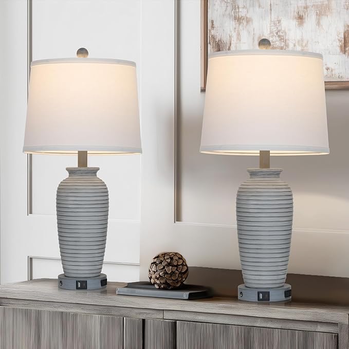 25" Farmhouse Jar Table Lamp Set of 2 Vintage Rustic Lamps for Living Room, Resin Bedside Nightstand Lamps with Linen Lampshades, Retro Pot Lamp for Living Room, Bedroom(LED Bulbs Included)-CasaMuseHome