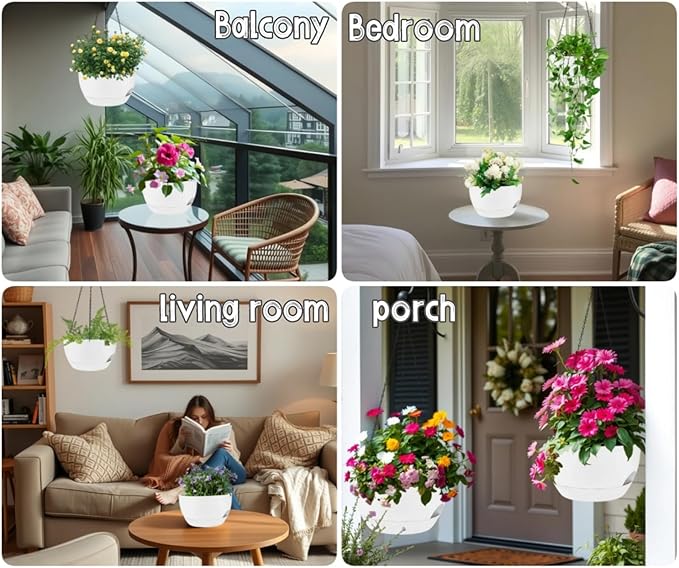 2 Pack 12 Inch Large Hanging Planters with Chains Self Watering White Plastic Hanging Pots for Indoor Outdoor Plants, Garden Porch Home Decor，White-CasaMuseHome