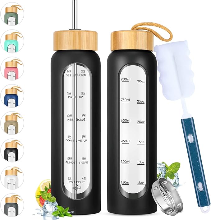 32 oz Glass Water Bottle with Straw - Motivational Time Marker & Silicone Sleeve - Reusable Tumbler Includes 2 Bamboo Lids & Fruit Infuser - 1 Pack-CasaMuseHome