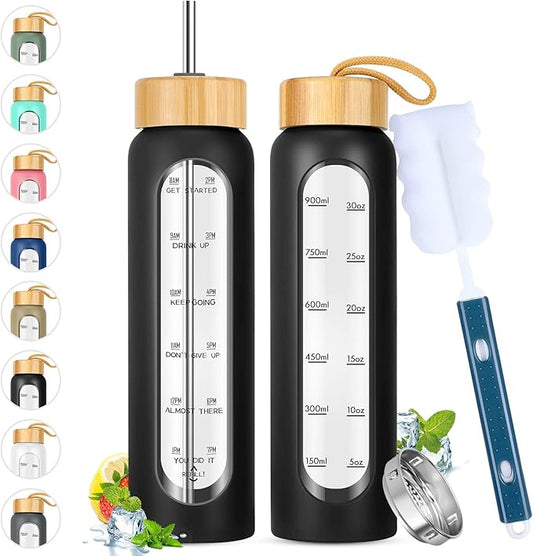 32 oz Glass Water Bottle with Straw - Motivational Time Marker & Silicone Sleeve - Reusable Tumbler Includes 2 Bamboo Lids & Fruit Infuser - 1 Pack-CasaMuseHome