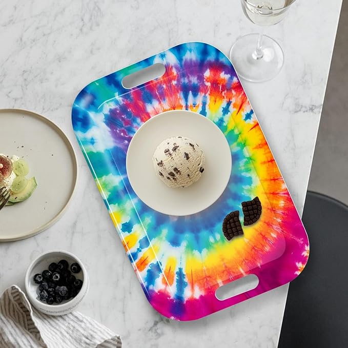 Serving Trays with Handles, 14.5 x 9.8 inch Rectangular Plastic Tray for Restaurant, Kitchen, Tie-Dye Colorful Spiral Patterns-CasaMuseHome