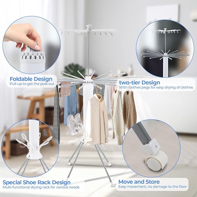 3 Tier Portable Clothes Drying Rackwith 4 Pulleys,Indoor and Outdoor Collapsible Rack Clothing with Shoe Drying Rack for Space Saving-CasaMuseHome