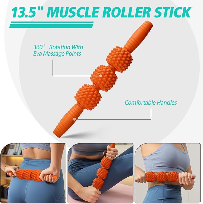 5-in-1 Foam Roller Set, Massage Roller Stick, Massage Ball, Resistance Band for Deep Muscle Massage, Trigger Point Release, Pilates, Yoga (Orange-Wave)-CasaMuseHome