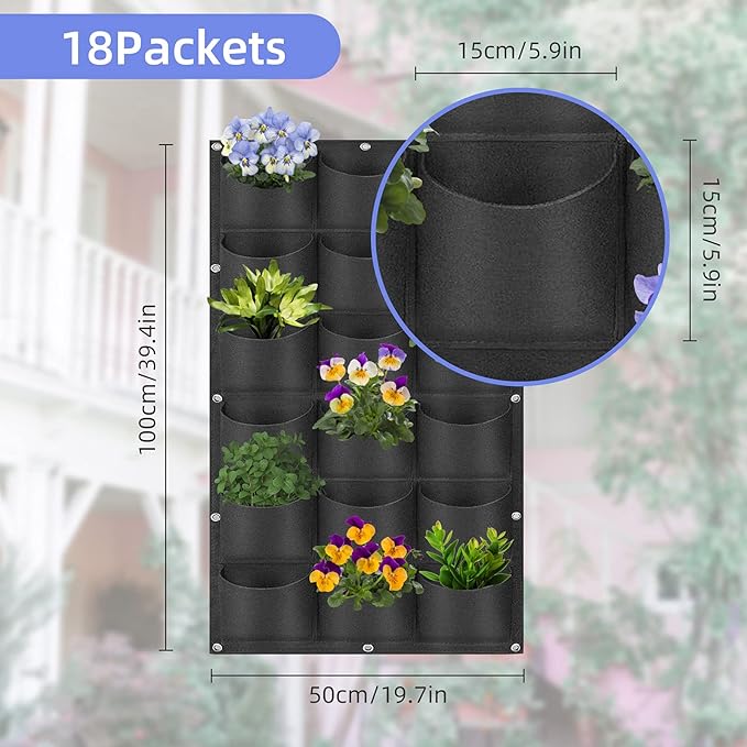 18 Pockets Hanging Planter Bags, Hanging Vertical Wall Mounted Plant Planting Grow Bags, Herb Garden Planter Outdoor Indoor Growing Bag, Gardening Vertical Greening Flower Container(1m×0.5m, Black)-CasaMuseHome