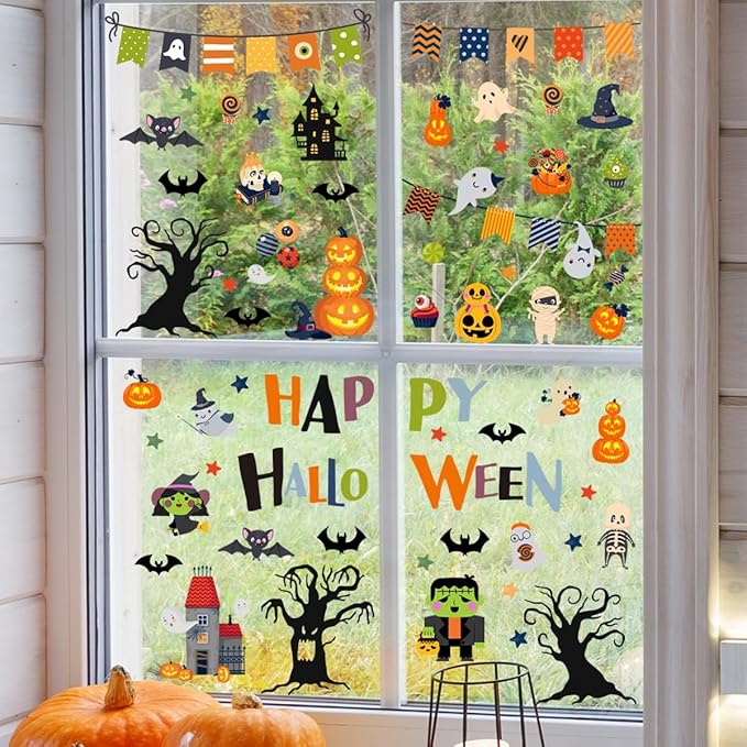 10 Sheets Halloween Window Clings Halloween Window Stickers Decorations Double-Sided Removable Castle Pumpkin Bat Glass Window Decals, Happy Halloween Window Clings for Kids Party Decorations-CasaMuseHome