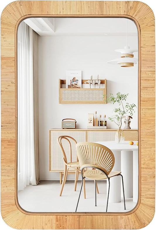 24x36 inch Rattan Rectangular Mirror for Wall, Bohemia Bathroom/Farmhouse Boho Mirrors, Vanity Irragular Decorative Mirror, Suitable for, Nursery, Bedroom, Living Room, Home Decoration-CasaMuseHome