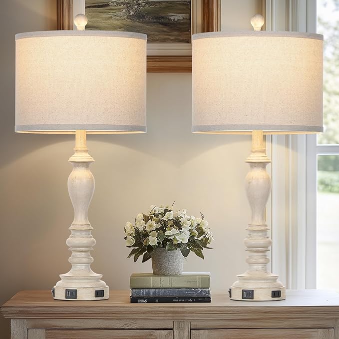 27.5" Retro Table Lamps Set of 2 with USB A+C Charging Ports -Nightstand Lamp for Bedroom Vintage Rustic Table Lamps for Living Room Traditional Nightstand Bedside Lamps（2 Bulbs Included）-CasaMuseHome