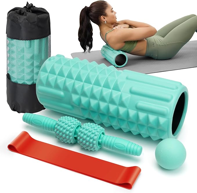 5 in 1 Foam Roller Set - Back Roller Foam, Massage Roller Stick, Massage Ball, Resistance Band for Physical Therapy & Deep Tissue Muscle Massage (Green)-CasaMuseHome