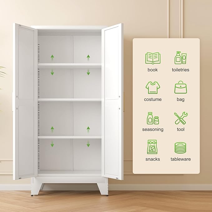 61" Tall Farmhouse Metal Pantry Cabinet, Kitchen Pantry Storage Cabinets with 2 Barn Door and Adjustable Shelves,Metal Pantry Storage Cabinet,for Kitchen,Laundry Room,Home Office,Kids Room (White)-CasaMuseHome