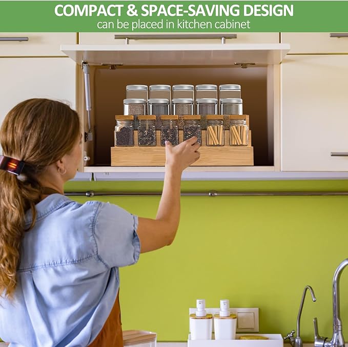 2 Pack Bamboo Spice Rack Organizer for Countertop, 3 Tier Spice Step Shelf for Cabinet (Jars Not Included)-CasaMuseHome