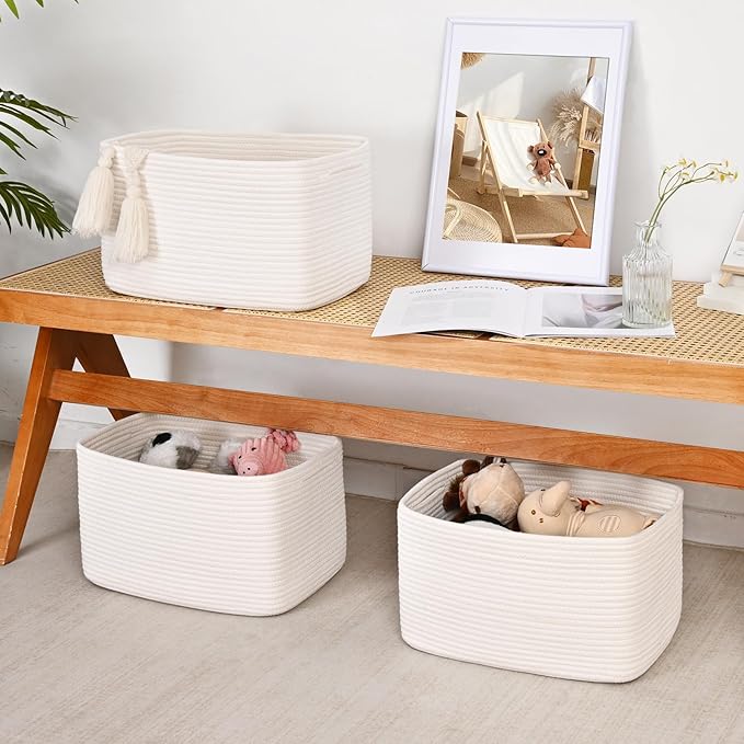 3-Pack Shelf Baskets for Organizing, Woven Storage Basket for Shelves, Cotton Rope Storage Bins for Toys Books, Nursery Towel Baskets for Classroom, 14.96"X9.8"X8.85", White-CasaMuseHome