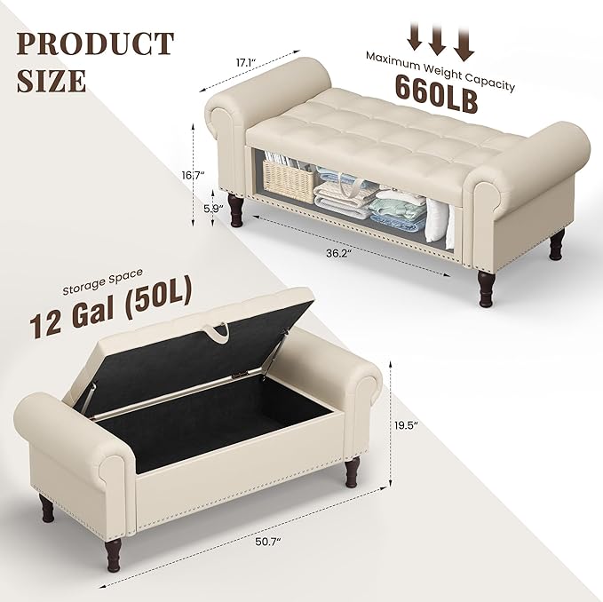 51" Storage Ottoman Bench for Bedroom, Full Queen Storage Bench with Button, Upholstered Bedroom Bench with Rolled Arms for Living Room, Storage Room, Entryway, Beige+Brown Legs-CasaMuseHome