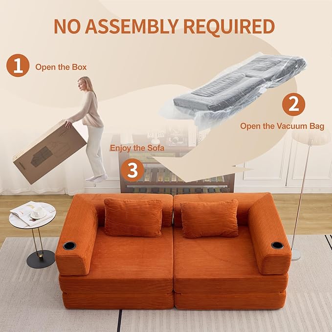 78" W Loveseat Sofa, 4 in 1 Convertible Floor Sofa Bed, Boneless Cloud Couch with Cup Holder, Fold Out Floor Couch, Loveseat Recliner Sleeper for Living Room Bedroom Lounge(Corduroy, White)-CasaMuseHome