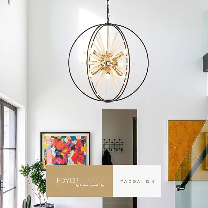 23.6" Black Gold 12-Light Globe Sputnik Chandelier Modern Adjustable Hanging Ceiling Glass Tube Pendant Light Fixture for Entryway Foyer Staircase Dining Living Room Hallway-CasaMuseHome