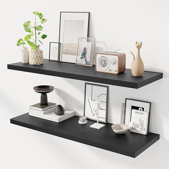 40" Floating Shelves for Wall, 12" Deep Slim Black Floating Shelves, Wall-Mounted Shelves for Bedroom, Living Room, Kitchen, Bathroom - Set of 2-CasaMuseHome