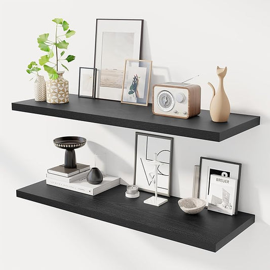 40" Floating Shelves for Wall, 12" Deep Slim Black Floating Shelves, Wall-Mounted Shelves for Bedroom, Living Room, Kitchen, Bathroom - Set of 2-CasaMuseHome