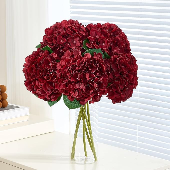 8Pcs Burgundy Fake Flowers Silk Hydrangea Artificial Flowers Bouquets Faux Hydrangea Stems for Home Table Centerpieces Wedding Party Decoration-CasaMuseHome