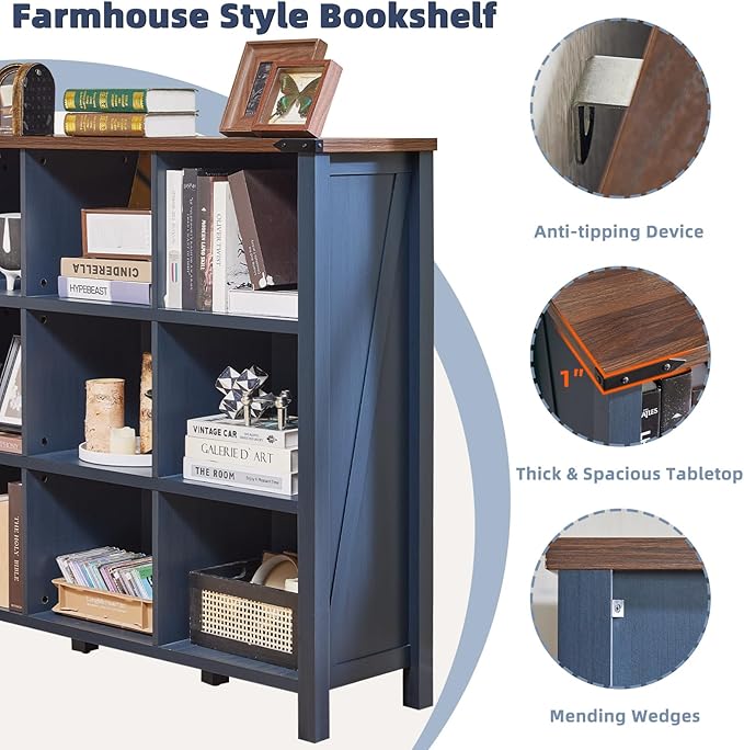 9 Cube Bookcase, Farmhouse 47 Inch Wide Navy Blue Bookshelf, Wooden 3 Tier Display Large Open Book Shelf, Vintage Horizontal Book Case for Home Office, Cubby Storage Cabinet for Living Room-CasaMuseHome