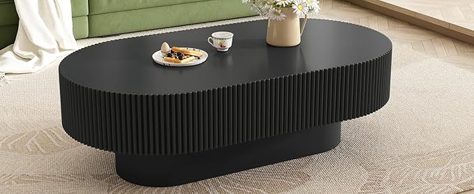 43.3" Oval Fluted Coffee Table Modern Elegant Drum End Table, Minimalist Center Table 7.8" Thick Tabletop with Sturdy Base for Living Room, Bedroom, Apartment,Easy Assembly, Black-CasaMuseHome