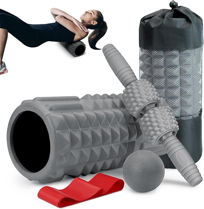 5-in-1 Foam Roller Set, Massage Roller Stick, Massage Ball, Resistance Band for Deep Muscle Massage, Trigger Point Release, Pilates, Yoga (Grey)-CasaMuseHome