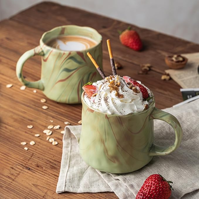 Abstract Art Ceramic Coffee Mugs Set - 1 Pack, Mint Green with Red and White Accents, Handcrafted Design for Modern Kitchen or Office-CasaMuseHome