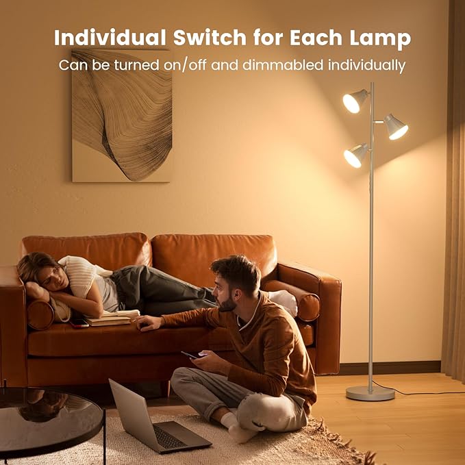 36W LED Tree Floor Lamp, Dimmable Tall Standing Lamp with Remote & Touch Control, 4 Color Temperatures Bright Floor Lamp, 3 Rotatable Light Modern Floor Lamps (Silver Gray)-CasaMuseHome