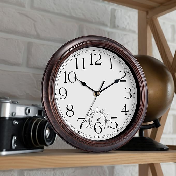 12 Inch Outdoor Wall Clock with Thermometers, Vintage Silent Wall Clocks Battery Operated, Retro Non-Ticking Clock Decorative for Living Room, Patio, Kitchen, Office, Bathroom, Bedroom(Bronze)-CasaMuseHome