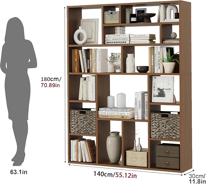 6-Tier Large Open Bookcase 71” Tall Sturdy Wooden Bookshelf with Baskets,Modern Style 16-Cube Home Display Shelf for Bedroom, Living Room（Oak Color）-CasaMuseHome