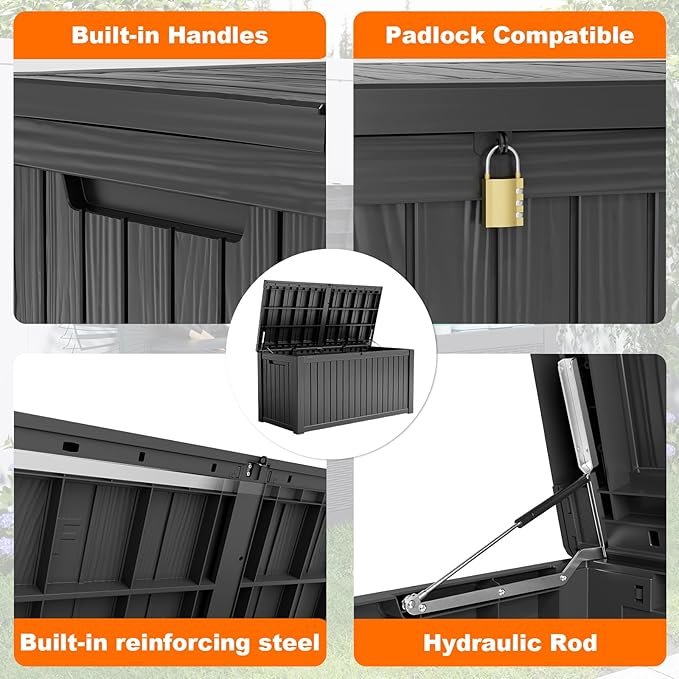 180 Gallon Resin Deck Box, Lockable Patio Outdoor Storage Box for Furniture, Garden Tools and Tools Storage, Waterproof Outside Storage Boxes - Black-CasaMuseHome