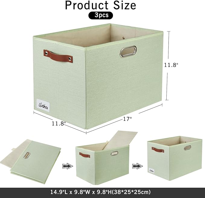 3-Pack Foldable Fabric Storage Bins with Durable PU & Metal Handles, Collapsible Storage Baskets for Shelves, Home Storage, Closet Organizers, Living Room(17"x11.8"x11.8", Sage Green)-CasaMuseHome