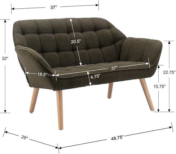 48”Small Loveseat Sofa, Modern Sherpa Upholstered Mini Couch 2-Seater Fluffy Love Seat with Quilting Backs and Wood Legs for Small Space, Living Room, Bedroom, Green-CasaMuseHome