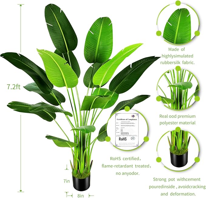 7.2ft Artificial Silk Bird of Paradise Palm Tree (85in) with 17 Trunks Faux Tree and Plastic Nursery Pot, Fake Plant for Office House Farmhouse Living Room Home Decor (Indoor/Outdoor)-CasaMuseHome