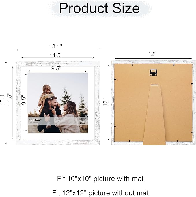 12x12 Picture Frame Set of 4, 12 x 12 Wood Photo Frames with Mat for 10x10 or 30x30cm Diamond Painting Art, Wooden Frame with Real Glass Cover for Wall and Tabletop Display,Distressed White-CasaMuseHome
