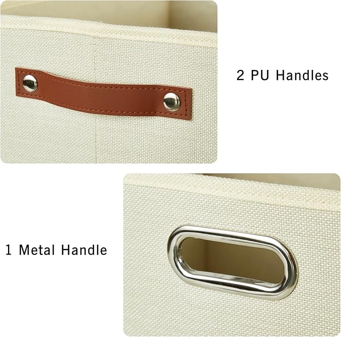 3-Pack Foldable Fabric Storage Bins with Durable PU & Metal Handles , Collapsible Storage Baskets for Shelves, Home Storage, Closet Organizers, Living Room(17"x11.8"x11.8", Beige)-CasaMuseHome