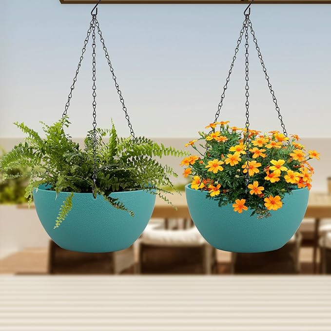 8 inch Small Hanging Planters Plant Pots for Indoor Outdoor Plants, 2 Pack Hanging Flower Pots with Drainage Holes and Chain for Garden, Plastic Hanging Baskets for House Plants, Blue Green-CasaMuseHome