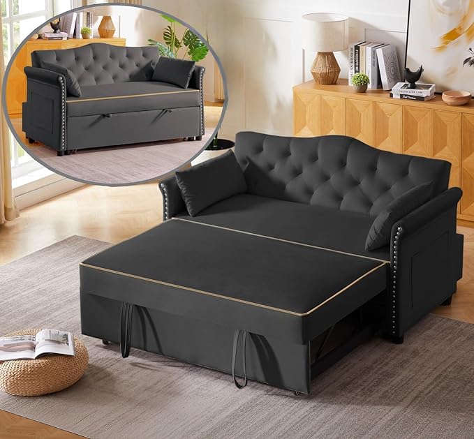 57-Inch Velvet Full Size Sleeper Sofa Couch with Pullout Bed,Convertible Pull Out with Golden Decorative Strip and Adjustable Backrest for Small Spaces,Apartment, Guest Room, RV (Black)-CasaMuseHome