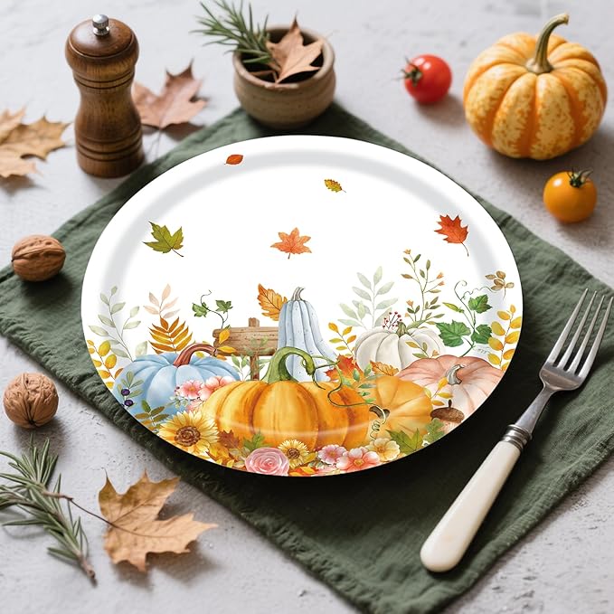 40Pcs Fall Paper Plates and Napkins Party Supplies, Disposable Thanksgiving Pumpkin Flower Wreath Plates Napkins Dinnerware Set for Autumn Theme Party Decorations (Fall)-CasaMuseHome