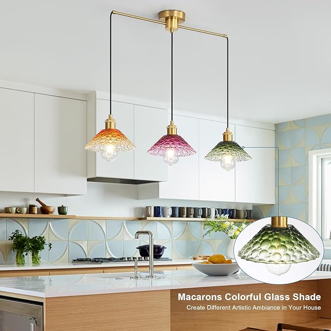 3-Light Pendant Lights Kitchen Island, Ceiling Hanging Lighting Fixtures, Colorful Vintage Glass Shade Pendants, Modern Gold Dining Room Chandeliers Height Adjustable for Farmhouse Living Room-CasaMuseHome