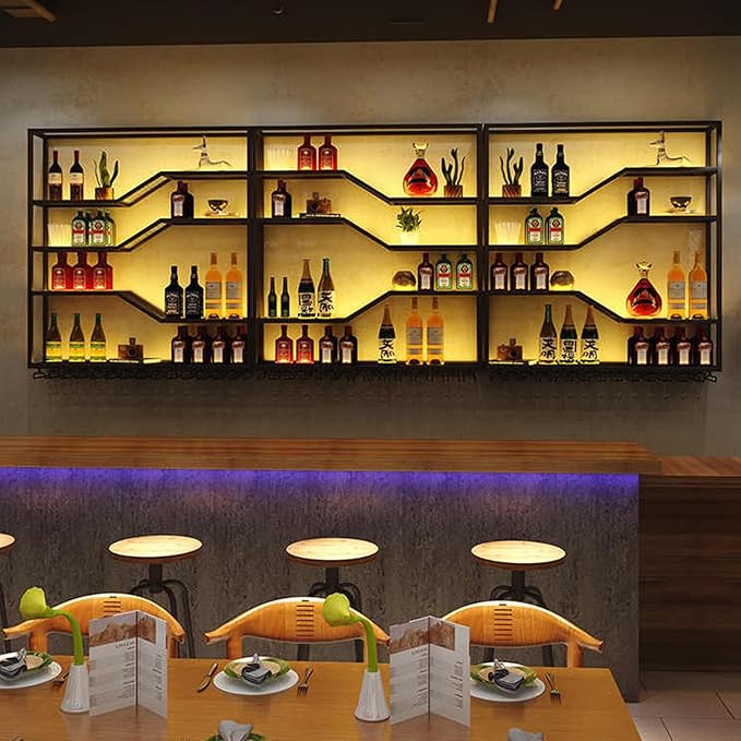 78.8in Wall Mounted Wine Rack with LED Light, 5-Tiers Liquor Bottles Display Shelf with Glasses Holder, Metal Home Bar Shelves with Industrial Iron Frame for Kitchen(Black, 78.8in/6.56ft)-CasaMuseHome