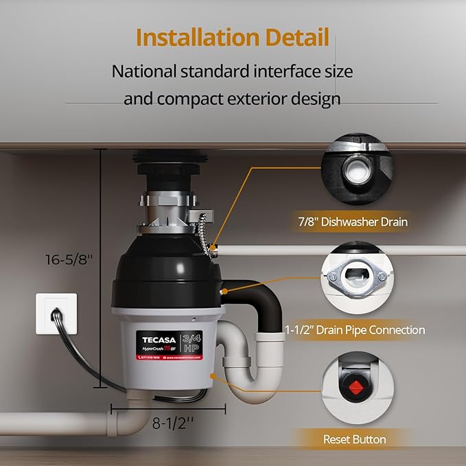 3/4 HP Batch Feed Garbage Disposal, TECASA Stainless Steel Food Waste Grinding System for Kitchen Sink Food Waste, Power Cord Included, Sound Reduction, Grey and Black - HyperCrush 75 BF-CasaMuseHome