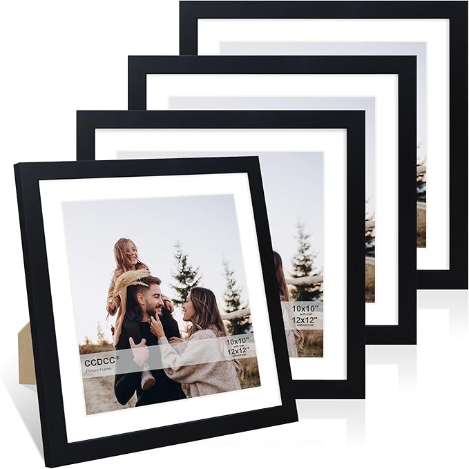 12x12 Picture Frame Set of 4, 12 x 12 Wood Photo Frames with Mat for 10x10 or 30x30cm Diamond Painting Art, Wooden Frame with Real Glass Cover for Wall and Tabletop Display,Black-CasaMuseHome