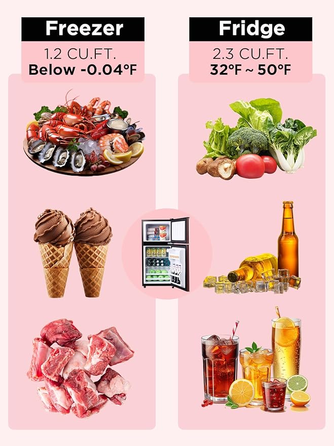 3.5 Cu.Ft Mini Fridge with Freezer, Compact Refrigerator with 2 Doors for Office, Kitchen, Dorm and Bedroom, Small Fridge with 7 Level Temp Adjustable Thermostat, Wood-CasaMuseHome